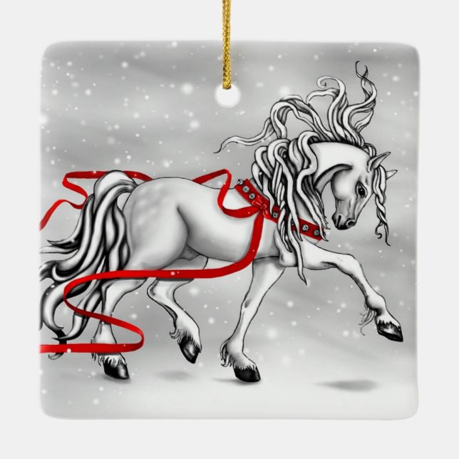 White Stallion Christmas Design Ceramic Ornament (Back)