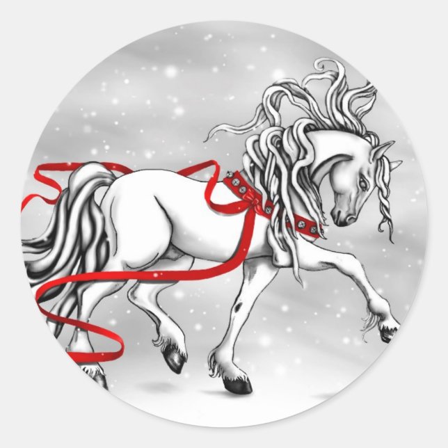 White Stallion Christmas Design Classic Round Sticker (Front)
