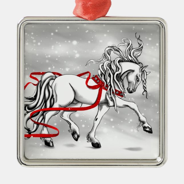 White Stallion Christmas Design Metal Ornament (Front)