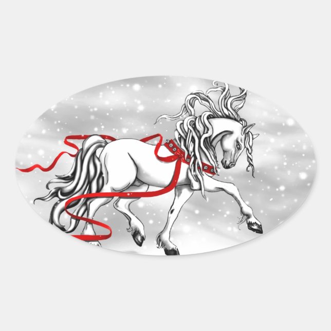 White Stallion Christmas Design Oval Sticker (Front)