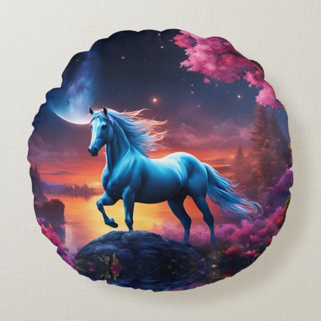 White Stallion Fantasy Pink Garden Round Pillow (Front)
