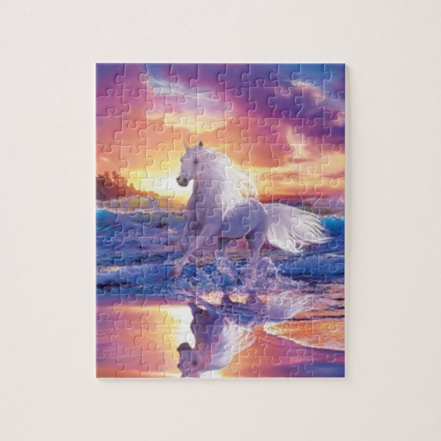 White Stallion Horse Beach Painting Jigsaw Puzzle (Vertical)