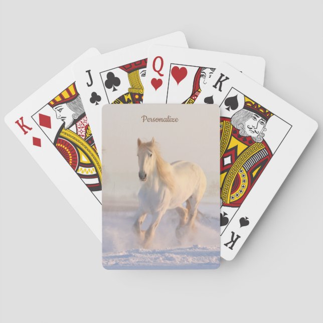 White Stallion Horse in Winter Snow Personalized Poker Cards (Back)