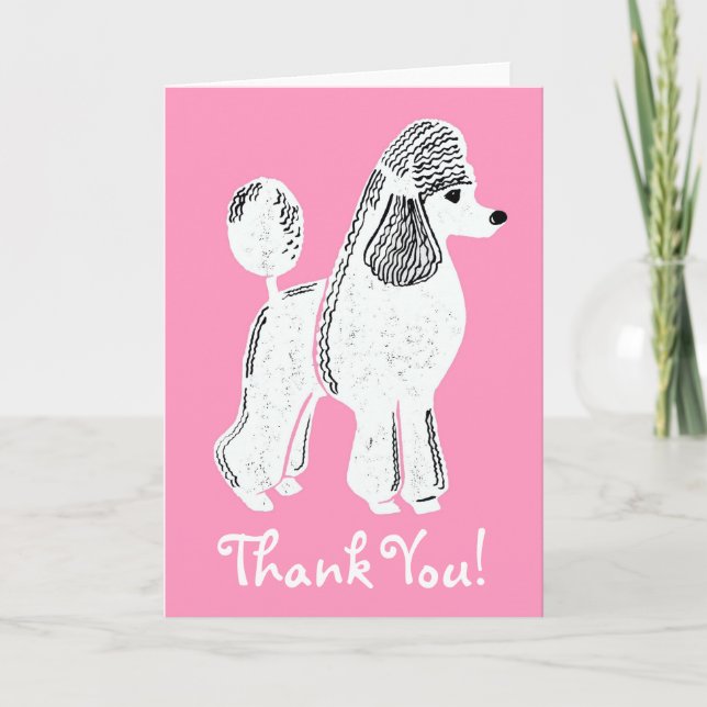White Standard Poodle Pink Thank You Card (Front)