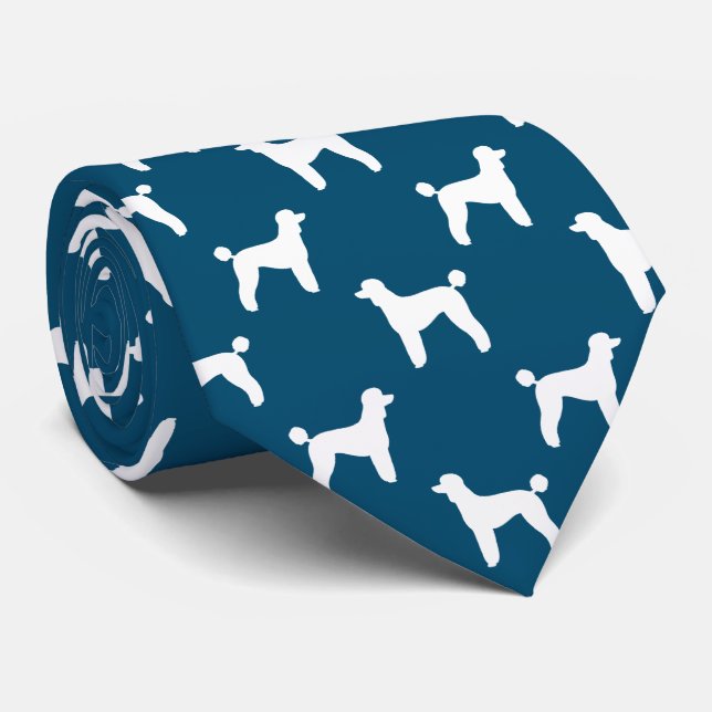 White Standard Poodle Silhouettes Lamb Cut Pattern Neck Tie (Rolled)
