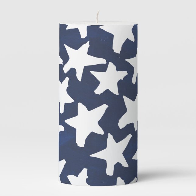 White Star Blue Pattern 4th of July Party Pillar Candle (Front)