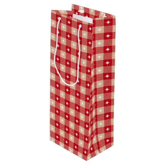 White Star Gingham Country Holiday Wine Gift Bag (Front Angled)