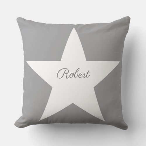 White Star Modern Stylish Grey Background Monogram Throw Pillow