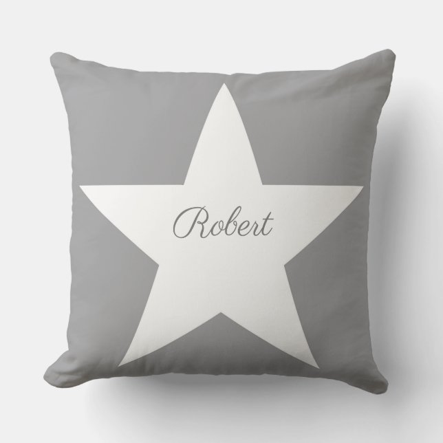 White Star Modern Stylish Grey Background Monogram Throw Pillow (Front)