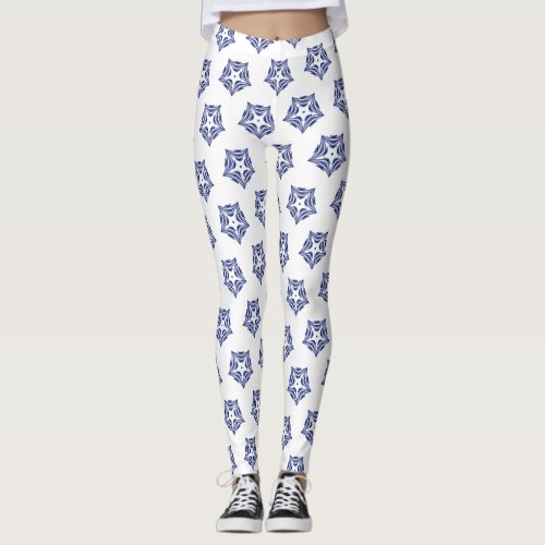 White star navy blue outline white background  leggings