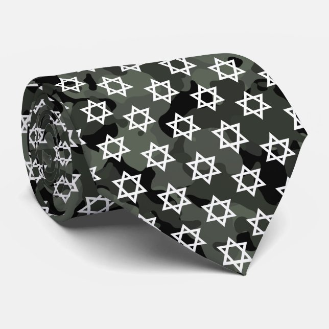 White Star Of David Dark Green Camo Camouflage Neck Tie (Rolled)