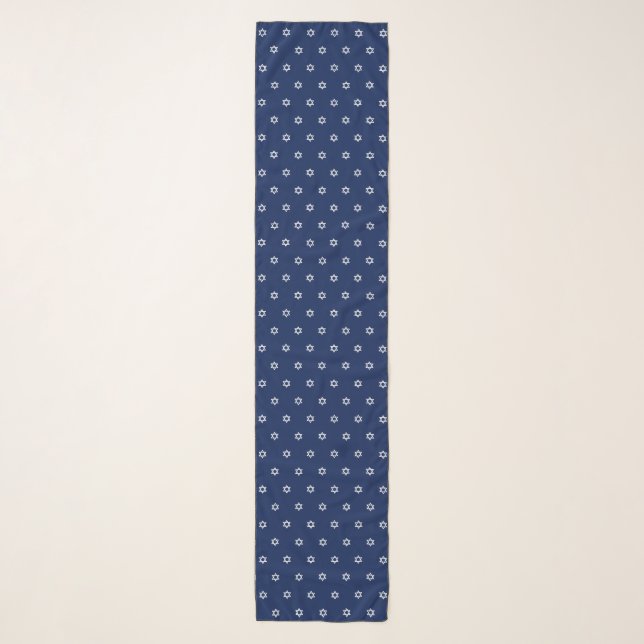 White Star of David Pattern Navy Blue Long Head Scarf (Front)