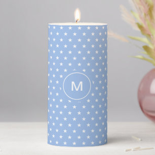 White Star Pattern & Monogram on Light Blue Pillar Candle