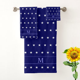 White Star Pattern &amp; Monogram on Navy Blue Bath Towel Set