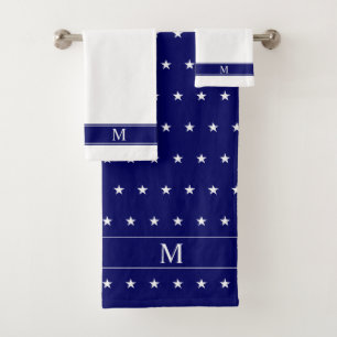 White Star Pattern & Monogram on Navy Blue & White Bath Towel Set