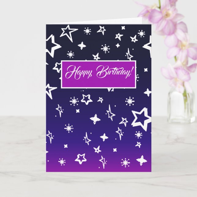 White Star Pattern on Blue to Magenta Ombre Card (Orchid)