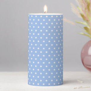 White Star Pattern on Light Blue Pillar Candle