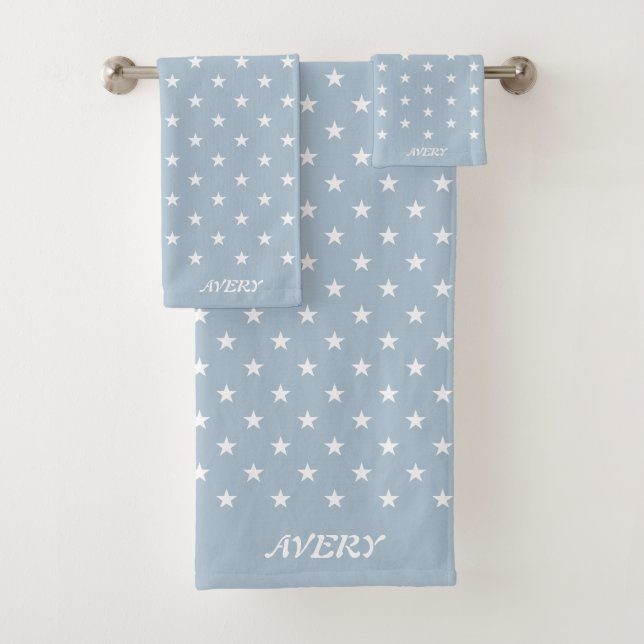 White Star Pattern on Light Wondrous Blue Bath Towel Set (Insitu)