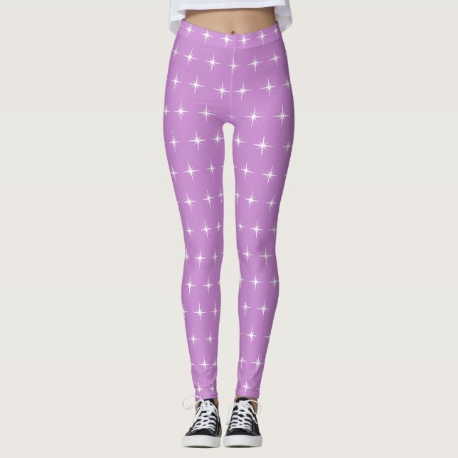 White Star Pattern on Violet Leggings (Front)