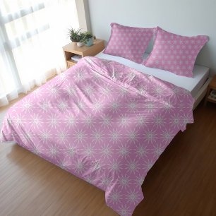 White Starburst Flowers on Pink Duvet Cover