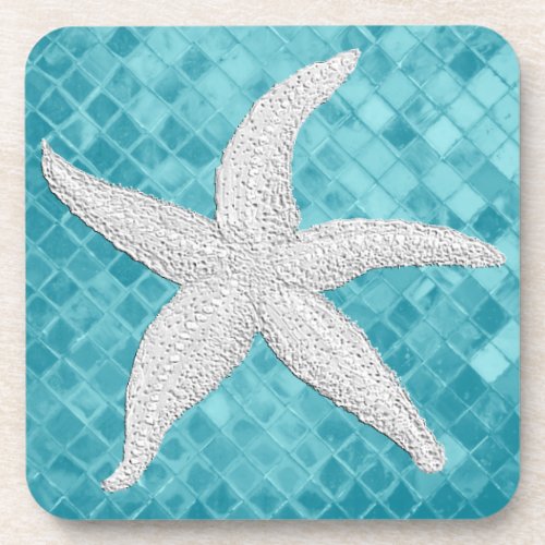 White Starfish Aqua Sea Glass Pattern Beverage Coaster