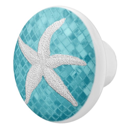 White Starfish Aqua Sea Glass Pattern Ceramic Knob