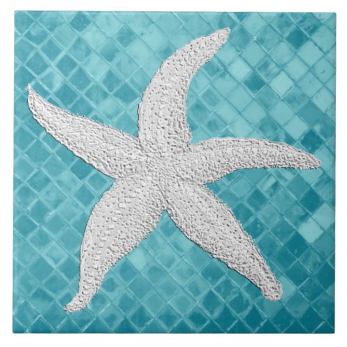 White Starfish Aqua Sea Glass Pattern Ceramic Tile