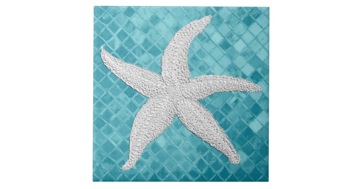 White Starfish Aqua Sea Glass Pattern Ceramic Tile | Zazzle