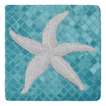 White Starfish Aqua Sea Glass Pattern Ceramic Tile