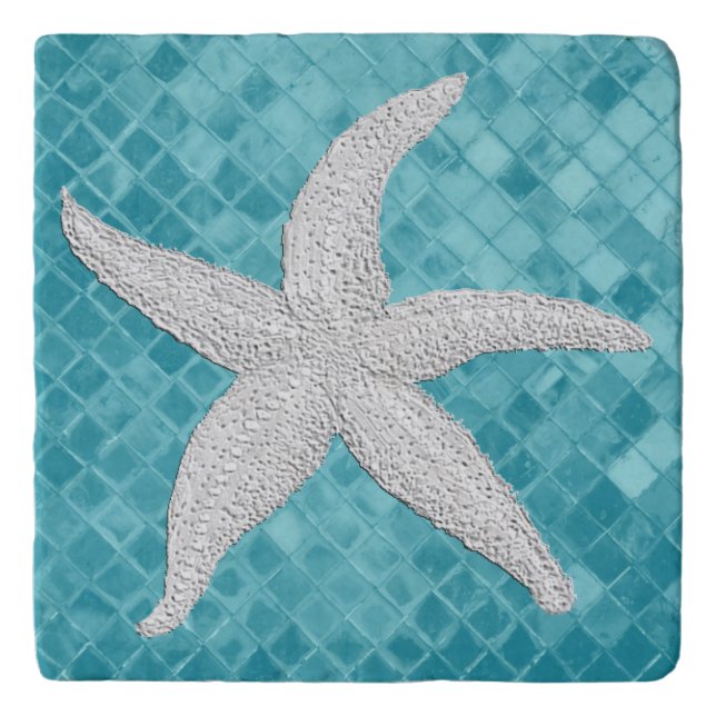 White Starfish Aqua Sea Glass Pattern Ceramic Tile Trivet (Front)