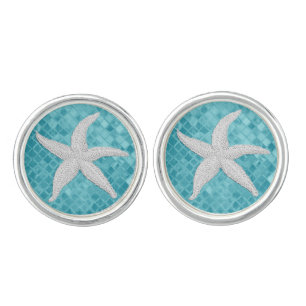 White Starfish Aqua Sea Glass Pattern Cufflinks
