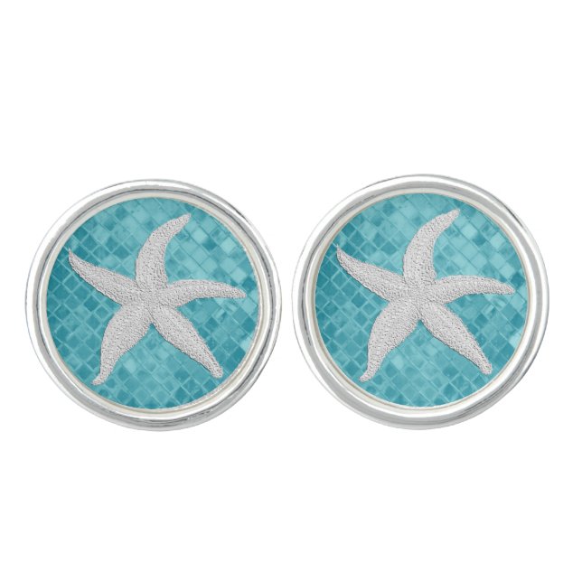 White Starfish Aqua Sea Glass Pattern   Cufflinks (Front)