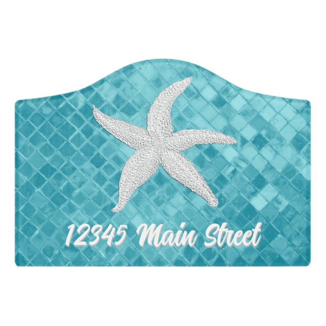 White Starfish Aqua Sea Glass Pattern Door Sign (Small Crest Front)