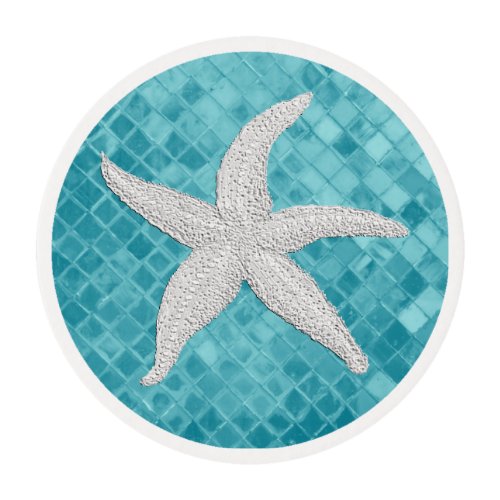 White Starfish Aqua Sea Glass Pattern   Edible Frosting Rounds