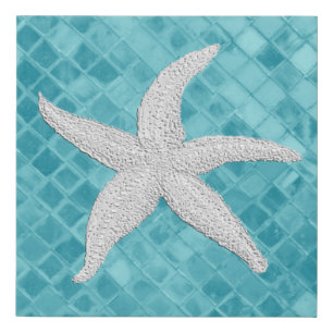 White Starfish Aqua Sea Glass Pattern Faux Canvas Print