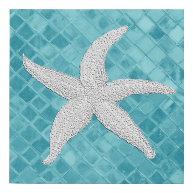 White Starfish Aqua Sea Glass Pattern Faux Canvas Print (Front)