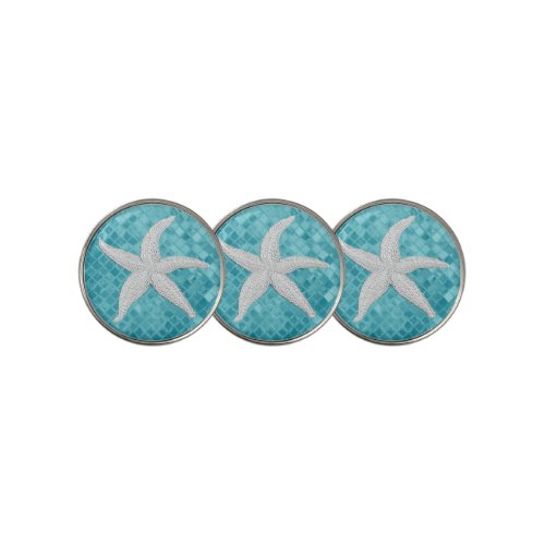 White Starfish Aqua Sea Glass Pattern Golf Ball Marker