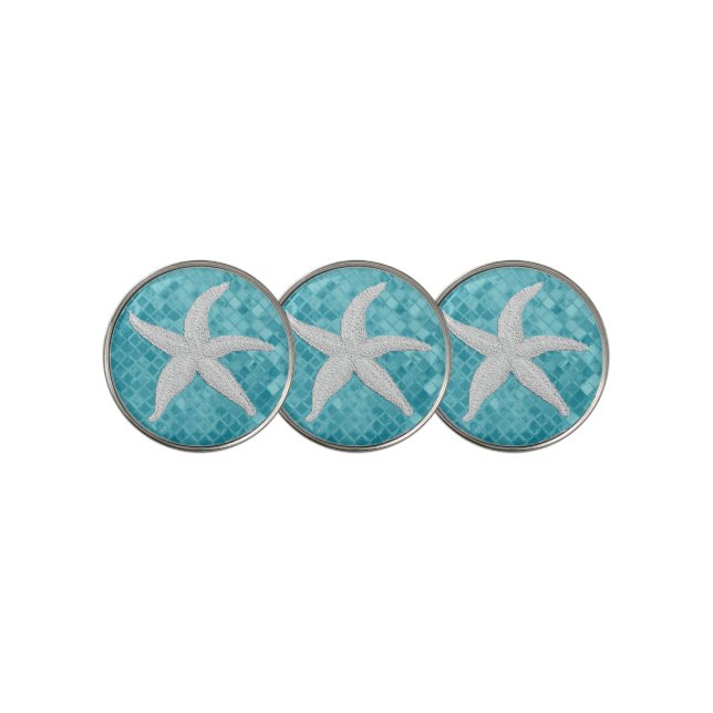White Starfish Aqua Sea Glass Pattern Golf Ball Marker (3 Up)