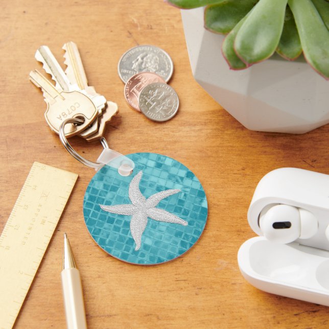 White Starfish Aqua Sea Glass Pattern Keychain (Desk)