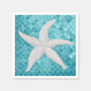 White Starfish Aqua Sea Glass Pattern Napkins