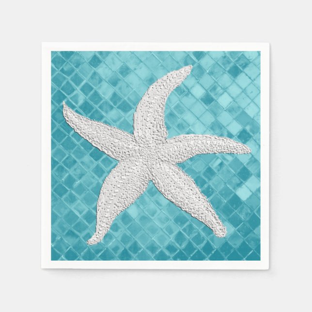 White Starfish Aqua Sea Glass Pattern Napkins (Front)