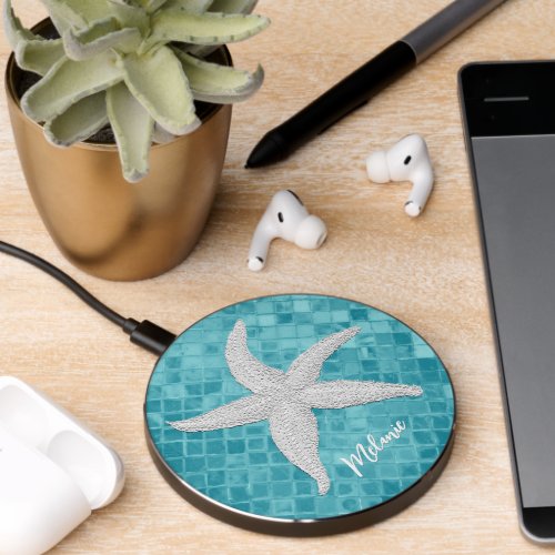 White Starfish Aqua Sea Glass Pattern Personalize Wireless Charger