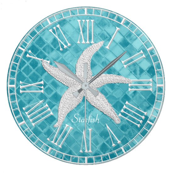 White Starfish Aqua Sea Glass Personailize Large Clock