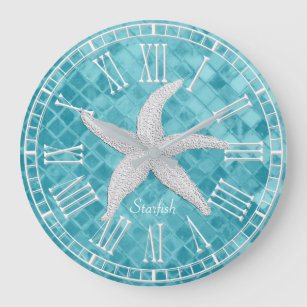 White Starfish Aqua Sea Glass Personalize Large Clock