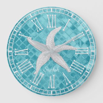 White Starfish Aqua Sea Glass Personalize Large Clock by WRAPPED_TOO_TIGHT at Zazzle