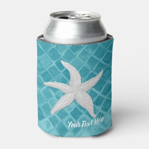 White Starfish Aqua Sea Glass Your Text Can Cooler
