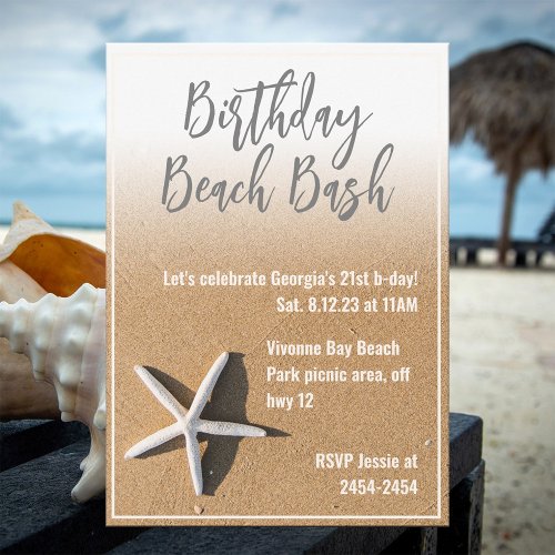 White Starfish  Beach Sand Summer Birthday Party Invitation