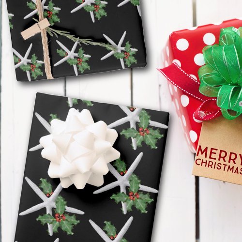 White Starfish Black Christmas Wrapping Paper Sheets