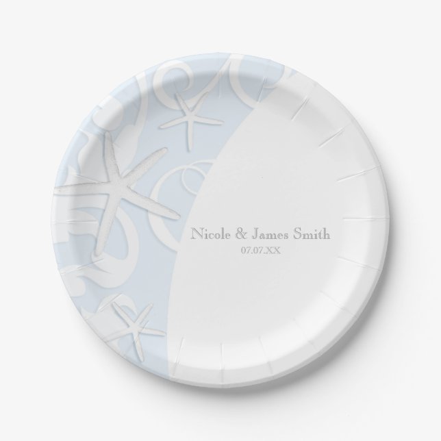 White Starfish Blue Beach Elegant Wedding Paper Plates (Front)