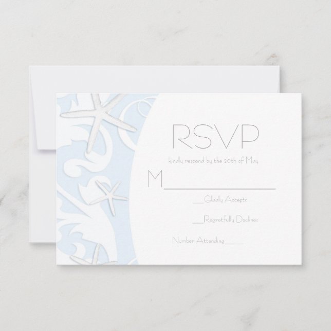 White Starfish Blue Beach Elegant Wedding RSVP (Front)